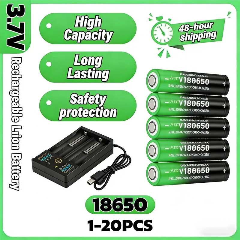 

3.7V 18650 Rechargeable Lithium Battery 9800mAh Upgraded Safe | USB Charger Set for High Power Flashlights Lamps