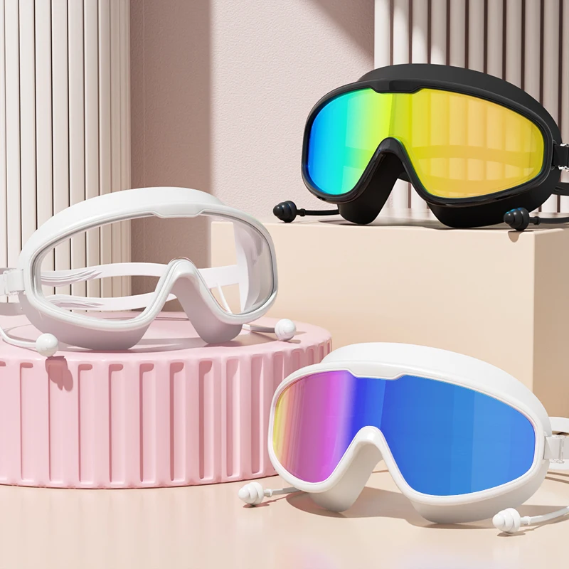 Professionelle Schwimmbrille für Erwachsene mit Ohrstöpseln – HD-Weitsicht-, Antibeschlag- und UV-Schutzbrille mit großem Rahmen, Schwimmbrille für Männer und Frauen