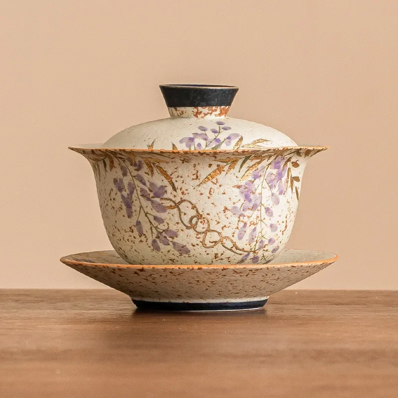 1Pcs 135ML Blue and White Flint Red Cover Bowl Gold-painted Wisteria Flower High-end Three-talented Tea Bowl Kung Fu TeaSet Gift