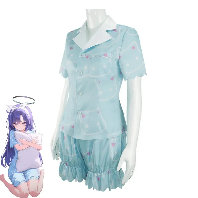 게임 아카이브 Hayase Yuuka 코스프레 의상 밀레니엄 과학 아카데미 블루 잠옷 반바지 가발 여성 섹시한 귀여운 데일리 슈트 vl;6