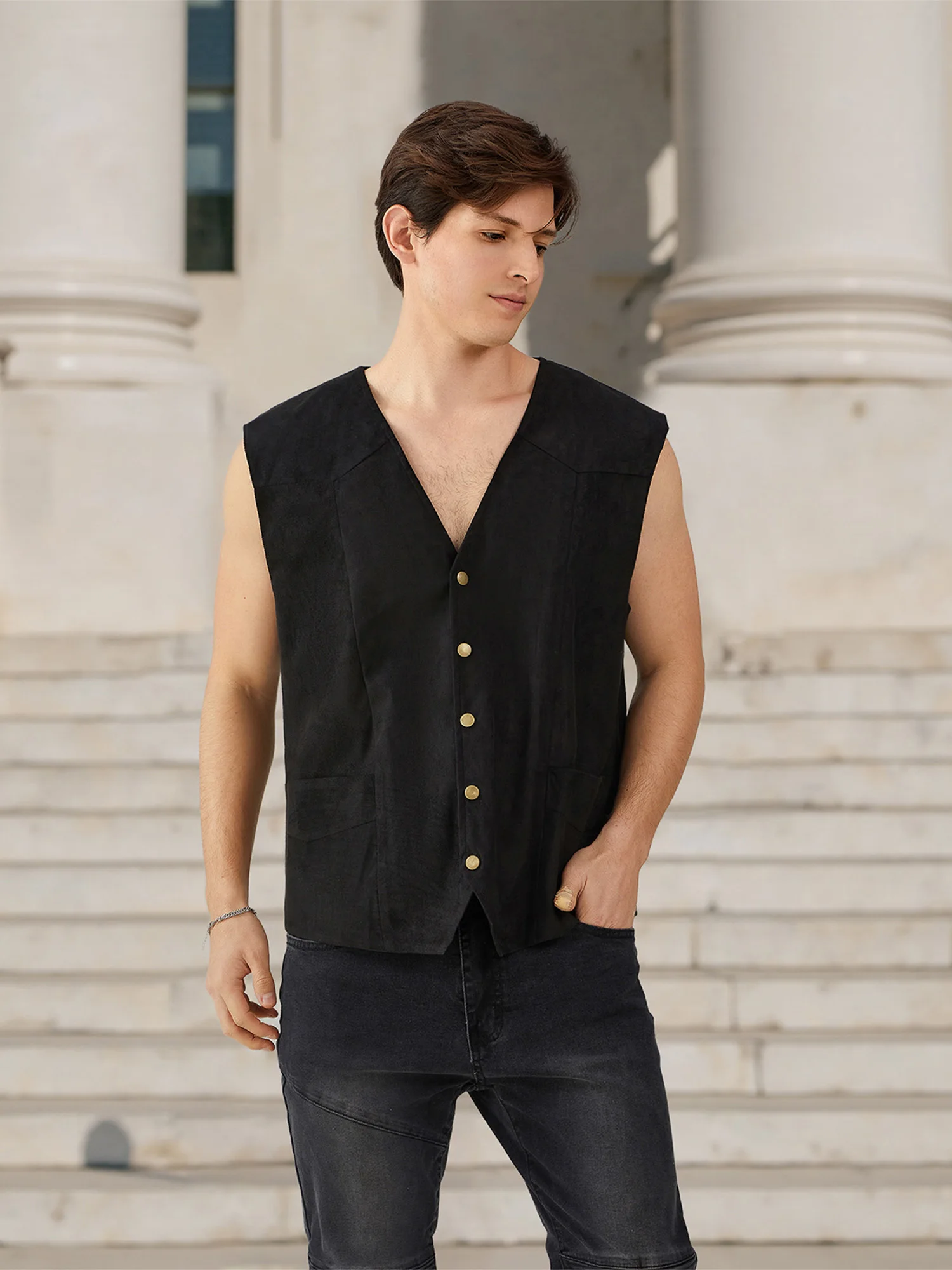 

Men s V-Neck Suit Vest Button-up Curved Hemline Sleeveless Single Breasted Waistcoat