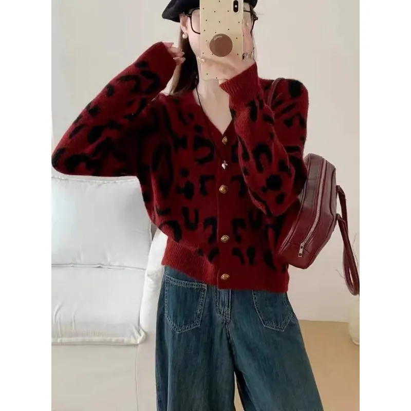ليوبارد طباعة الخامس الرقبة محبوك سترة سترة سترة المرأة ربيع الخريف سترة قصيرة أعلى #2