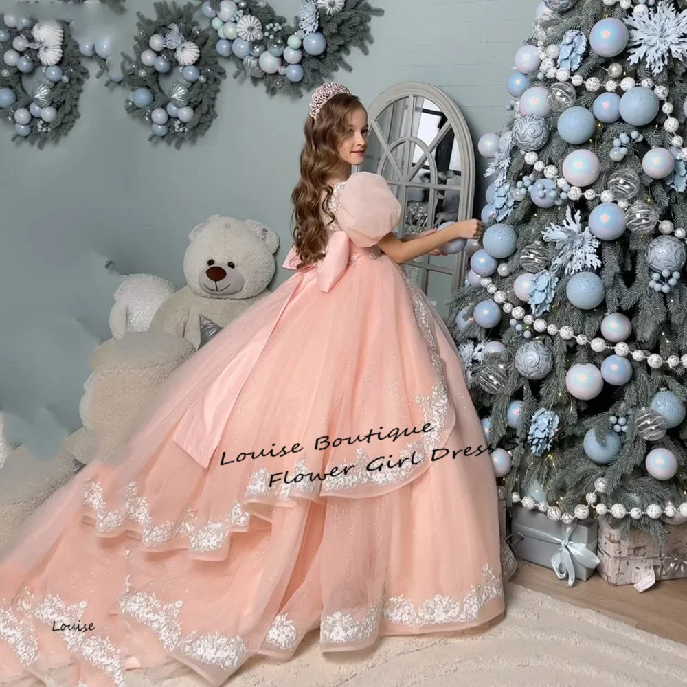 

Princess Sparkling Flower Girl Dress Puffy Sleeves A-Line Lace Appliques Tiered Dress For Wedding First Communion Birthday Gowns