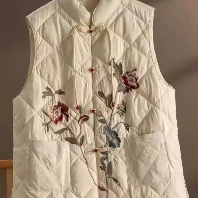 

New Chinese Style Waistcoat Women Stand-up Collar Embroidered Cotton Vest Autumn Winter Fashion Sleeveless Tangsuit Coat Female