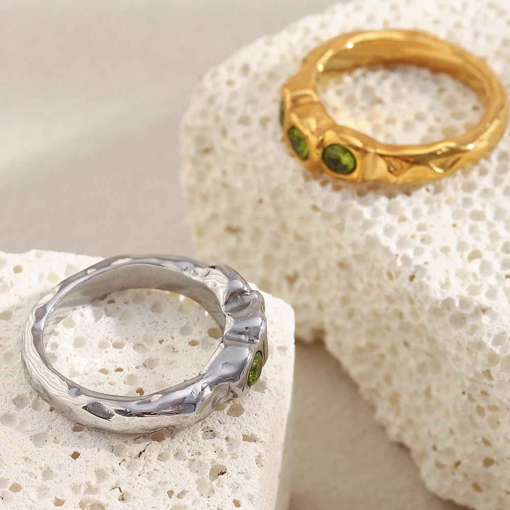 لا. Muses Three خاتم نسائي من الفولاذ المقاوم للصدأ بالزركون الأخضر مطلي بالذهب PVD إكسسوارات مجوهرات يومية عصرية هدية #6