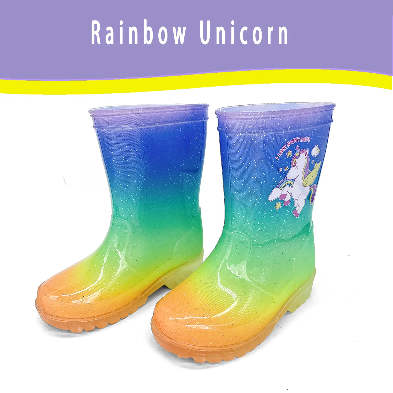 Chłopcy i dziewczęta Outdoor Cute Cartoon Unicorn Sequin PVC Rain Boots - wodoodporne, antypoślizgowe, odporne na zużycie, na każdą porę roku