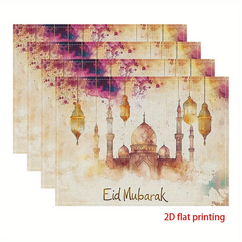 Eid Mubarak Placemats - Mosque Silhouette & Lanterns Design, Vibrant Watercolor Splash Tableware Mats
