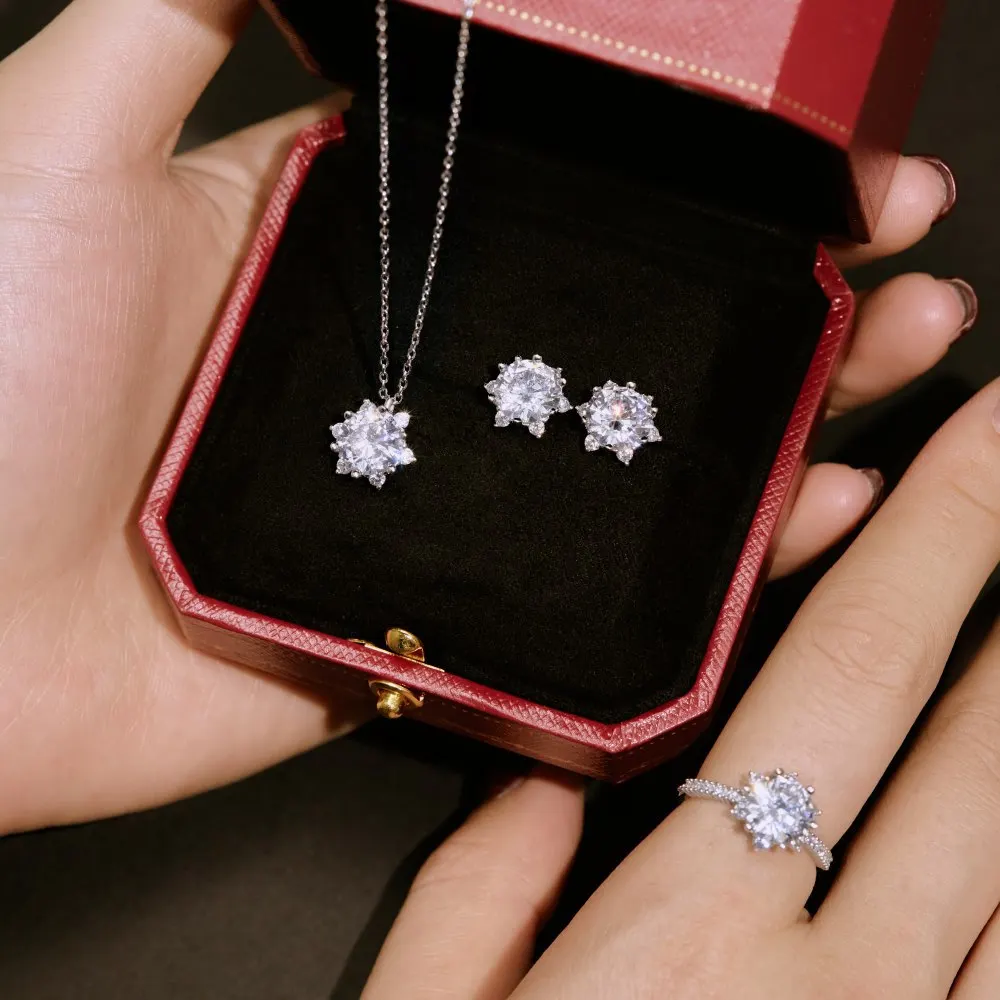 S925 Silver Jewelry Set Women Sunflower Diamond Wedding Set Female Shiny 5A Zircon Luxury Jewelry Gift Gift Lady Party Banquet