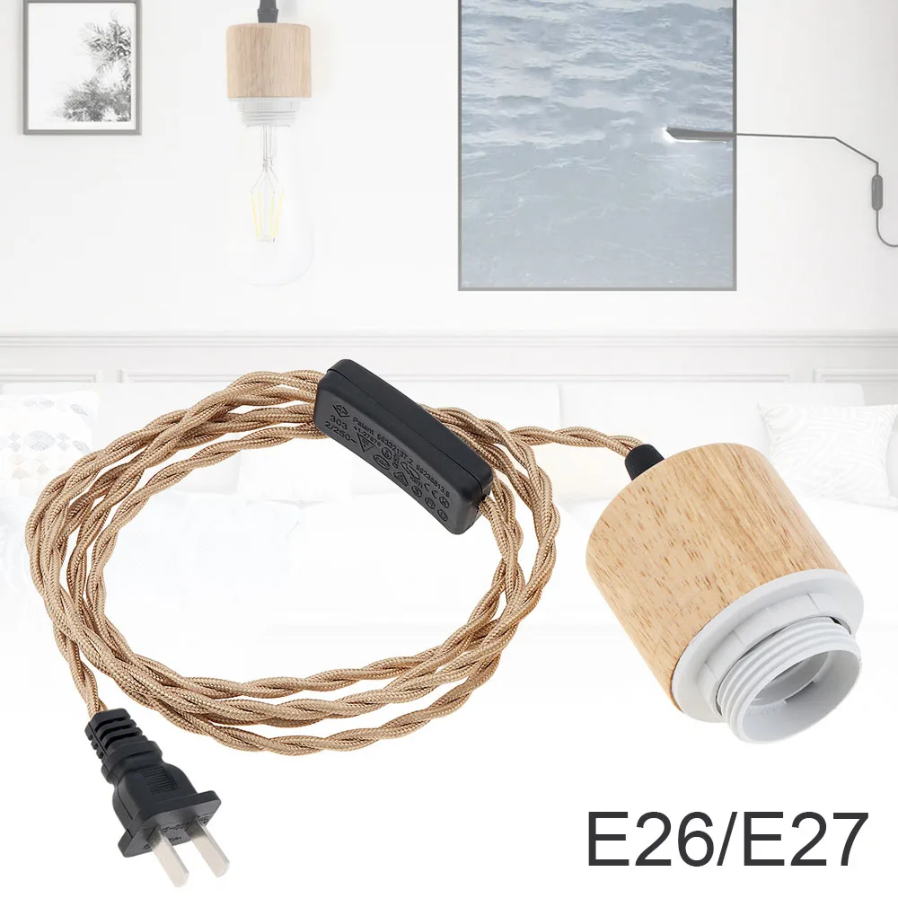 E26/E27 Wood Pendant Light Cord Kit with Switch Socket Wire Indoor Lighting Retro Pendant Lamp for Farmhouse Home Decoration