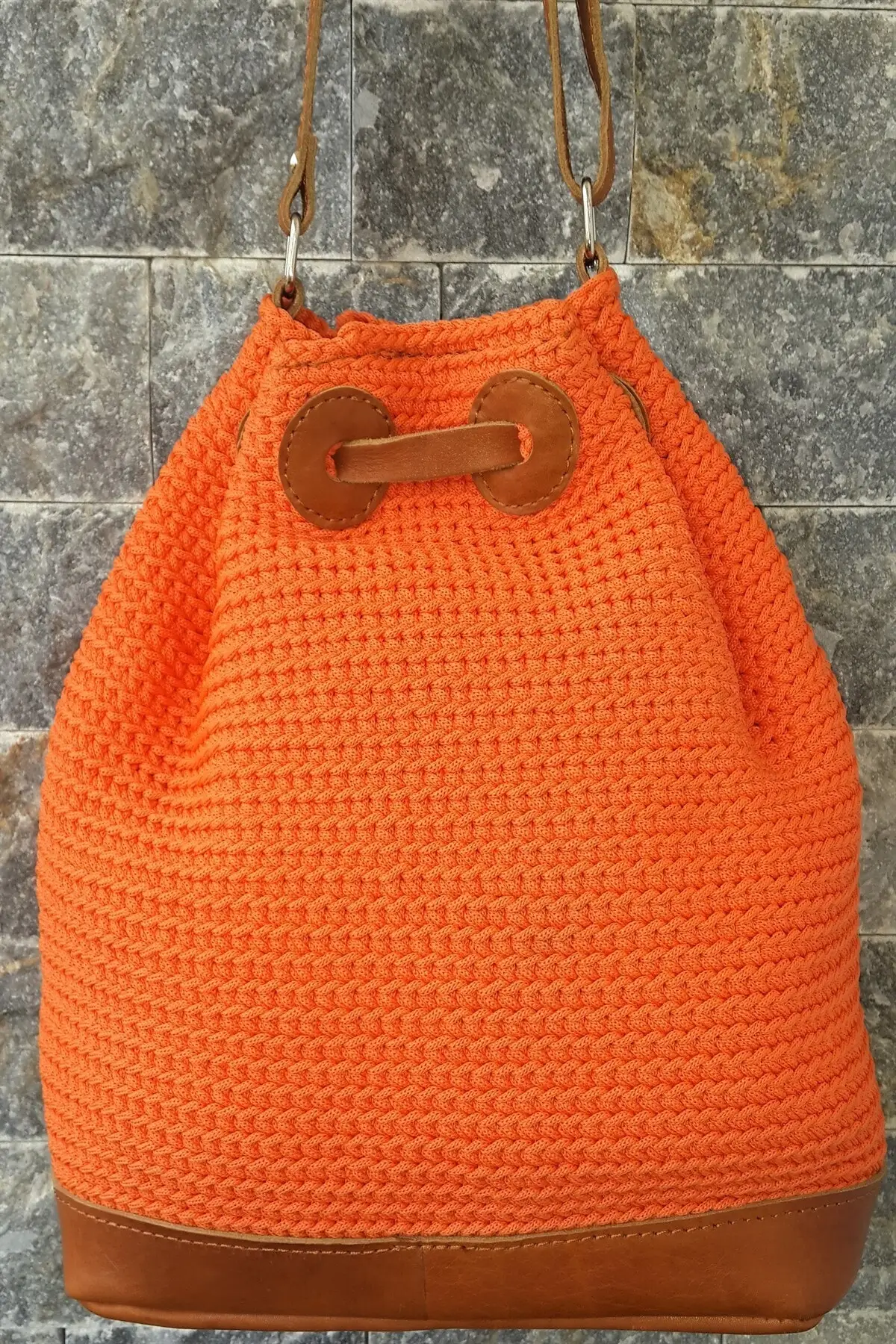 

Uras Design Handmade Mouth Büzgülü Genuine Leather And Hand-Knitted Shoulder Bag Women bag Shoulder Bag Handmade