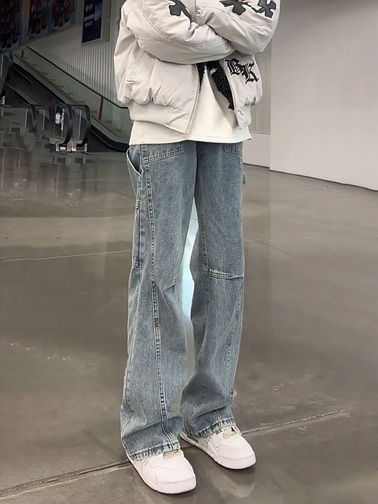 

Синие джинсы American Sle Knife для мужчин, осенне-зимние, с поясом, рабочие, прямые, широкие, слегка расклешенные, в стиле High Street