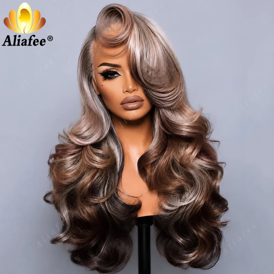 New Hairstyle Ombre Silver Grey To Chocolate Brown Natural Blend Colored Body Wave 13x6 Transparent Lace Frontal Human Hair Wig