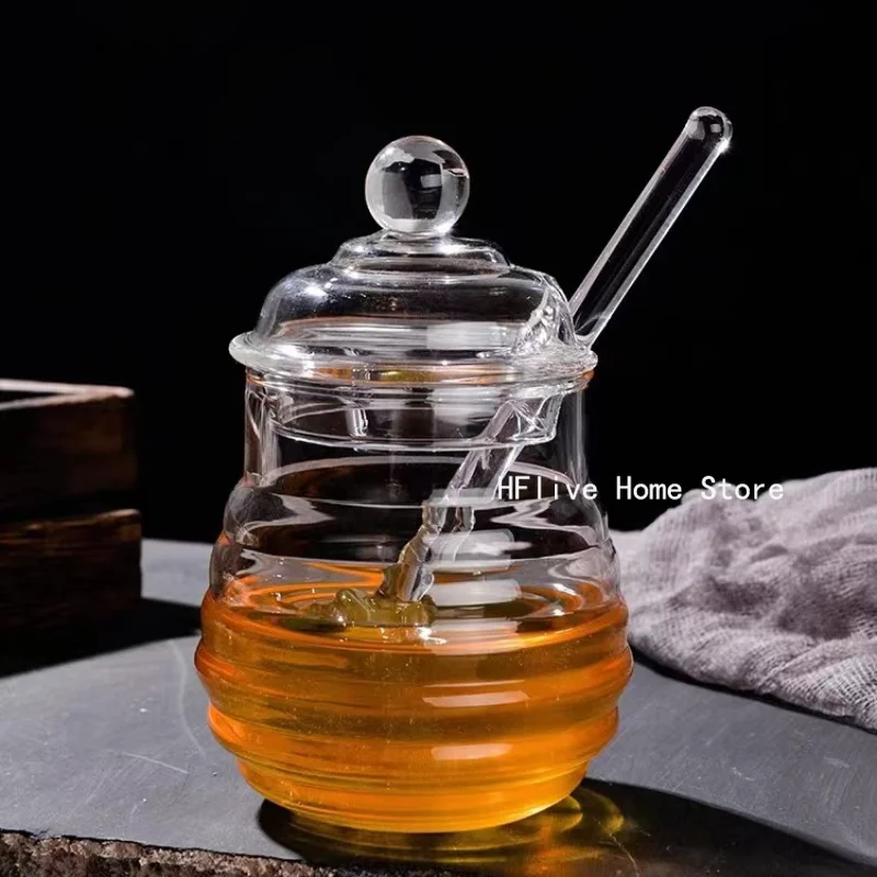 Glass Honey Jar Clear Glass Honey Pot with Dipper Spoon Small Kitchen Storage Bottle Jar Honey Server Container for Syrup