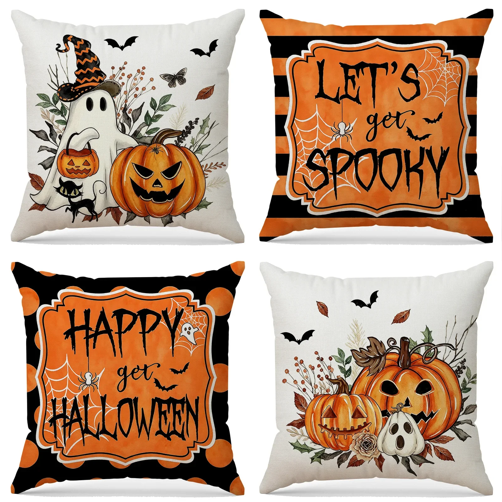 2pcs Halloween Orange Throw Pillow Cover Cojines Ghost Pumpkin Print Polyester Comfortable Decoration Sofa Pillow Cushion Covers