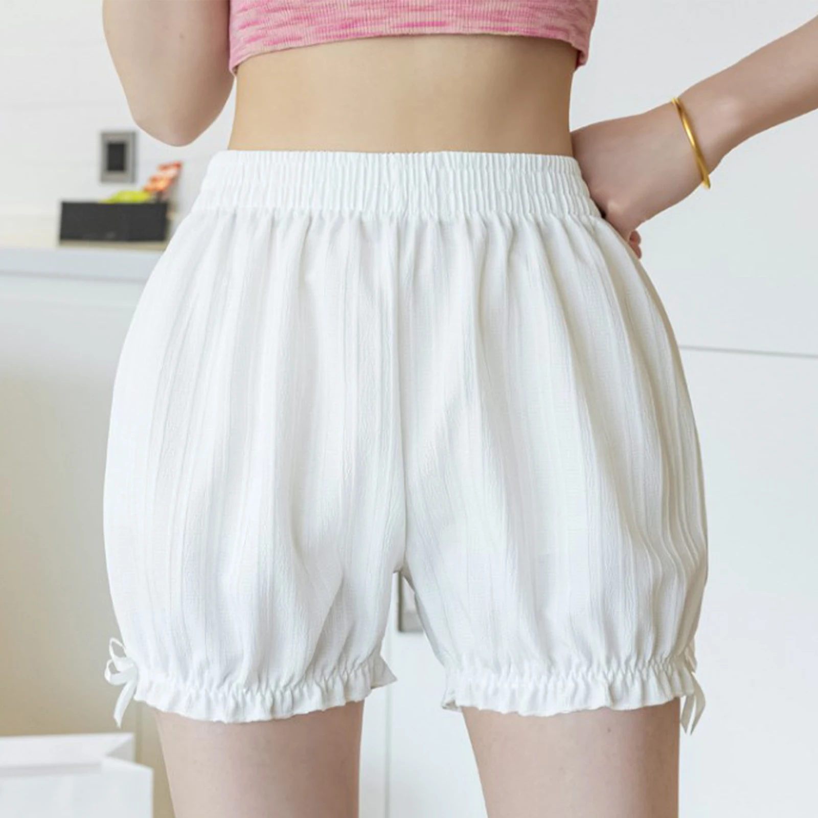 Women's Cute Elastic Waist Striped Safety Short Pants Lolita Bow Frilly Bloomers Safety Shorts Culottes Basic Panties Underwear