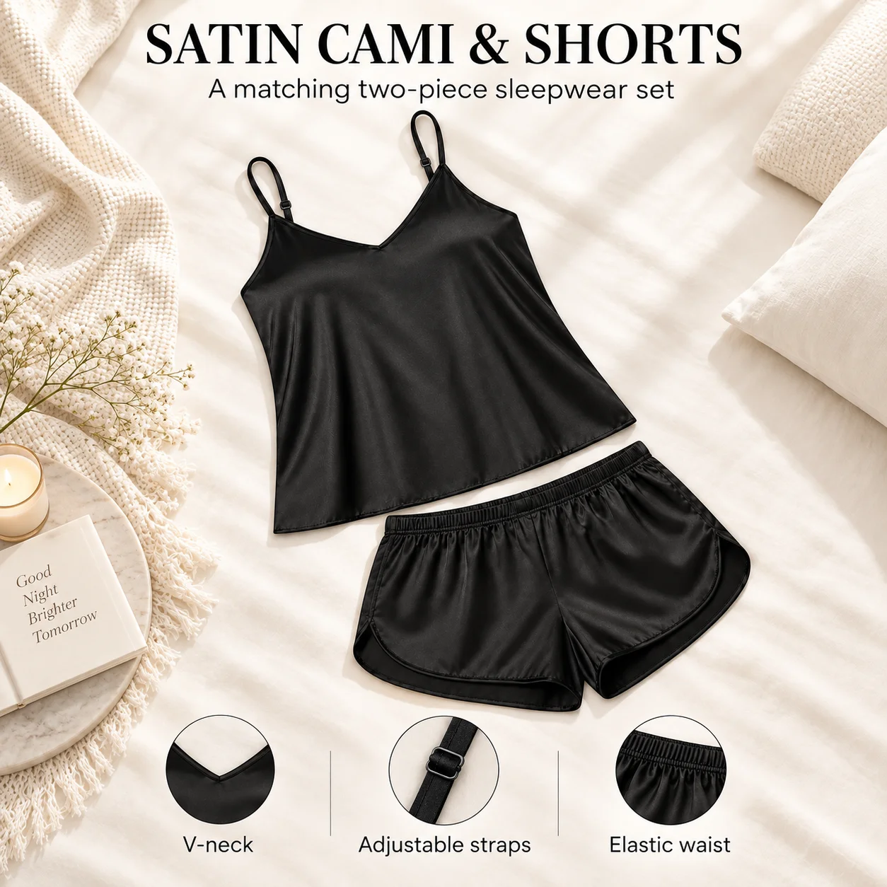 Women's Satin Finish Pajama Set V Neck Adjustable Strap Camisole Shorts Polyester Elastane Sleepwear One Size Five Colors