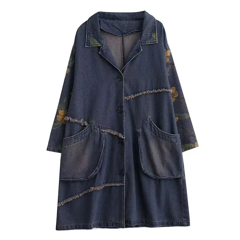 Trench in Denim da donna Vintage per donna 2024 autunno nuova stampa giacca di Jeans a maniche lunghe giacca a vento in Denim allentato Casual