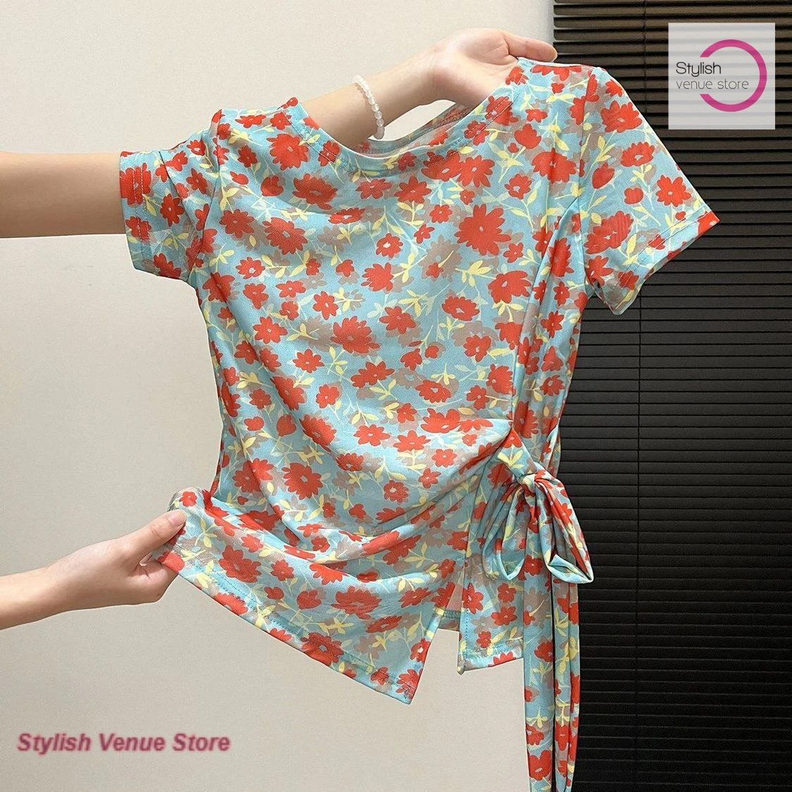 French retro floral short-sleeved T-shirt women's summer new fashion high-grade lace-up thin double-layer gauze niche casual top