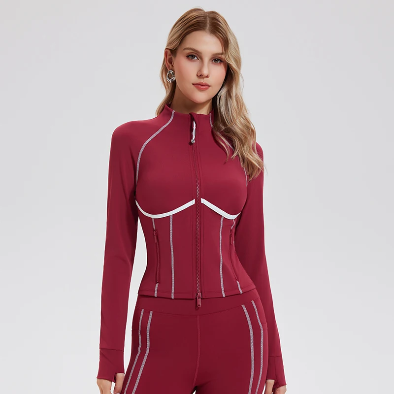 Women's Yoga Jacket with Standing Collar Zipper Elastic Fit Long Sleeve Fleece-Lined Bare-Skin Feel Gym Jacket