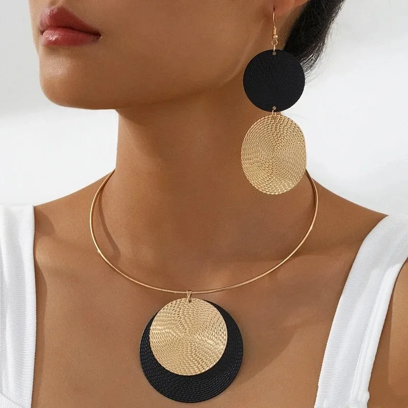3PC/Set Women's Large round Earrings And Collar Necklace Set Exaggerated PU Rope Chain Metal Geometric Pendant Jewelry image 5