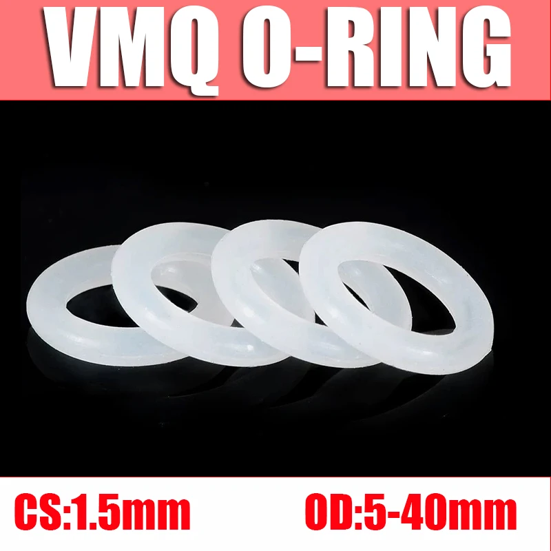 50/100 VMQ O Ring Seal Gasket Thickness CS 1.5mm OD5~40mm Silicone Rubber Insulated Waterproof Washer Round Shape White Nontoxic