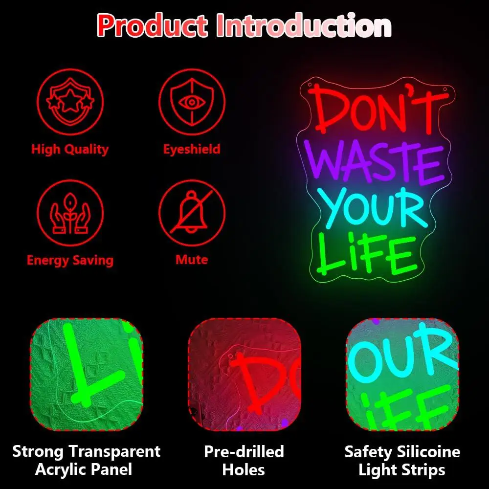 Don't Waste Your Life Neon Sign USB Dimmable LED Lights For Gym Bedroom Office Gaming Room Studio Wall Hanging Art Decor Gifts