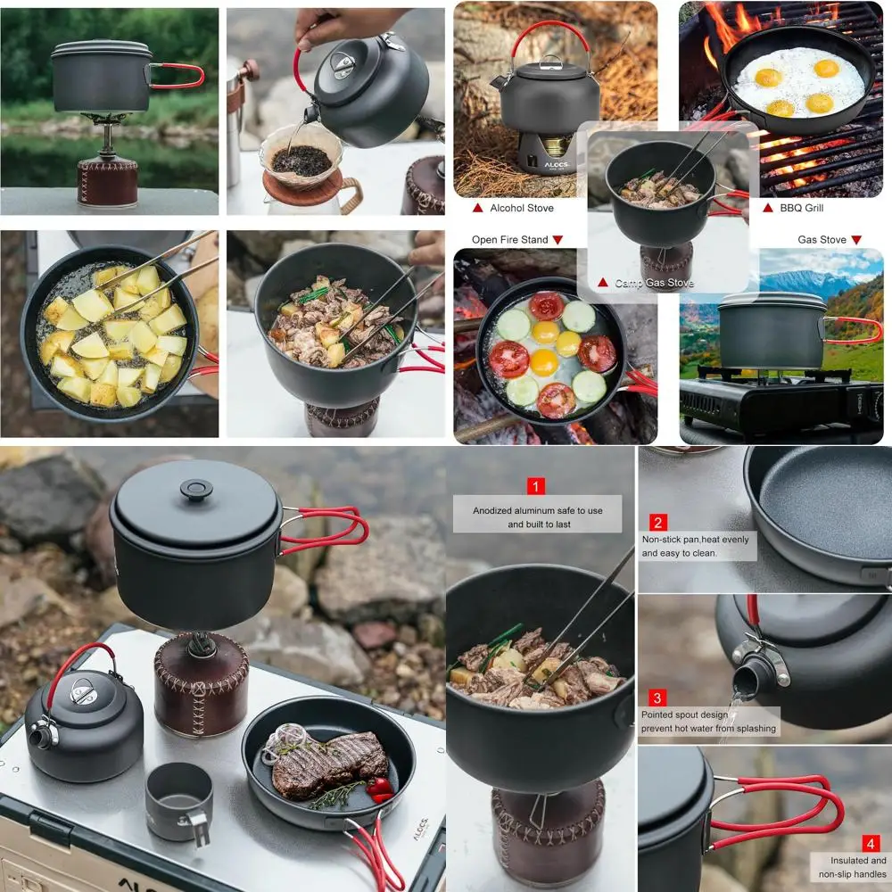 

Набор посуды для кемпинга, снаряжение для кемпинга, компактный набор кастрюль и сковородок для кемпинга, прочный набор для приготовления пищи из твердого глинозема для кемпинга на открытом воздухе