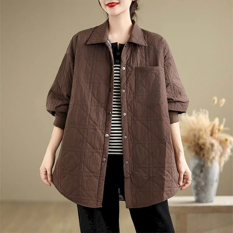 Quilted Coats for Women Vintage Lightweight Cotton Added Shirts Jackets Casual Korean Style Solid Winter Artistic Women Clothing