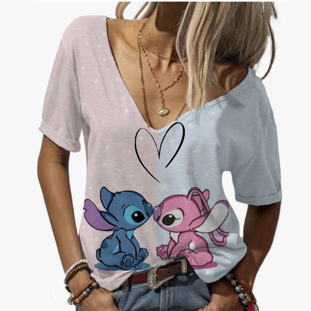 

Летняя женская футболка Disney's Lilo & Stitch, милые топы с v-образным вырезом и героями мультфильмов, повседневная уличная одежда, женская модная одежда, одежда