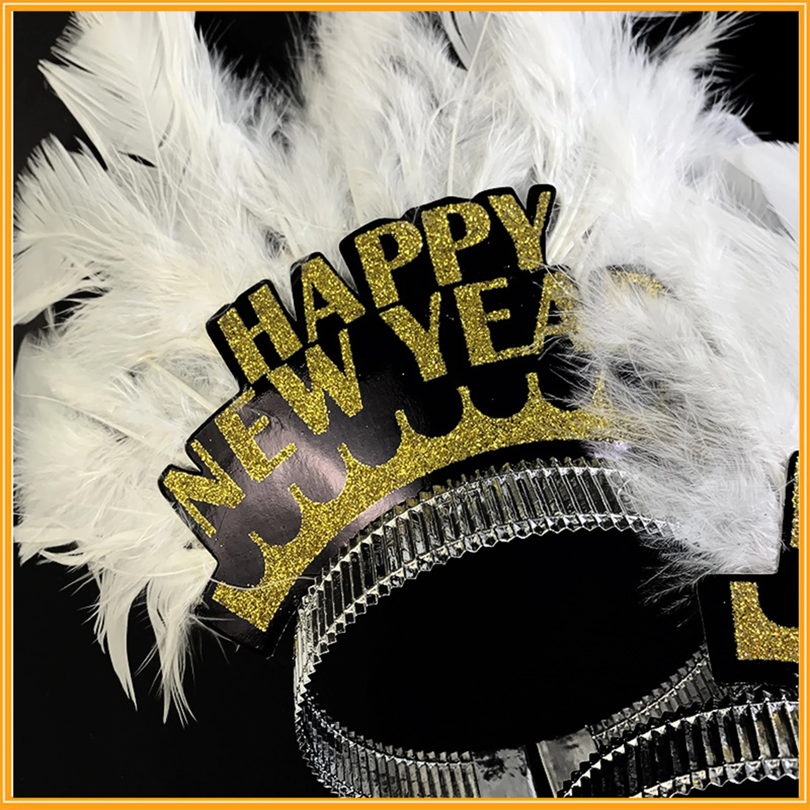 Happy New Year Headband Glitter Gold Crown White Feather Hairbands Photo Prop New Year Eve Christmas Party Hair Hoop Accessories