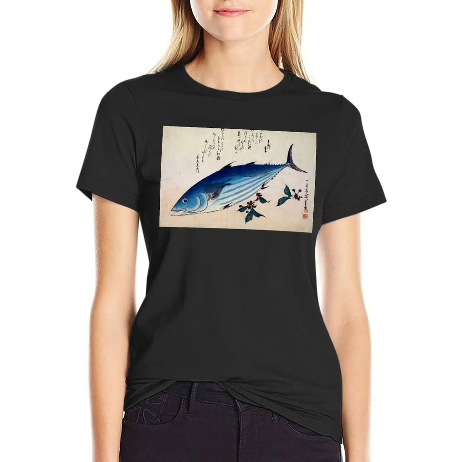 

Hiroshige Skipjack Katsuo Tuna японская футболка с вырезом по дереву, топы больших размеров, быстросохнущая женская футболка