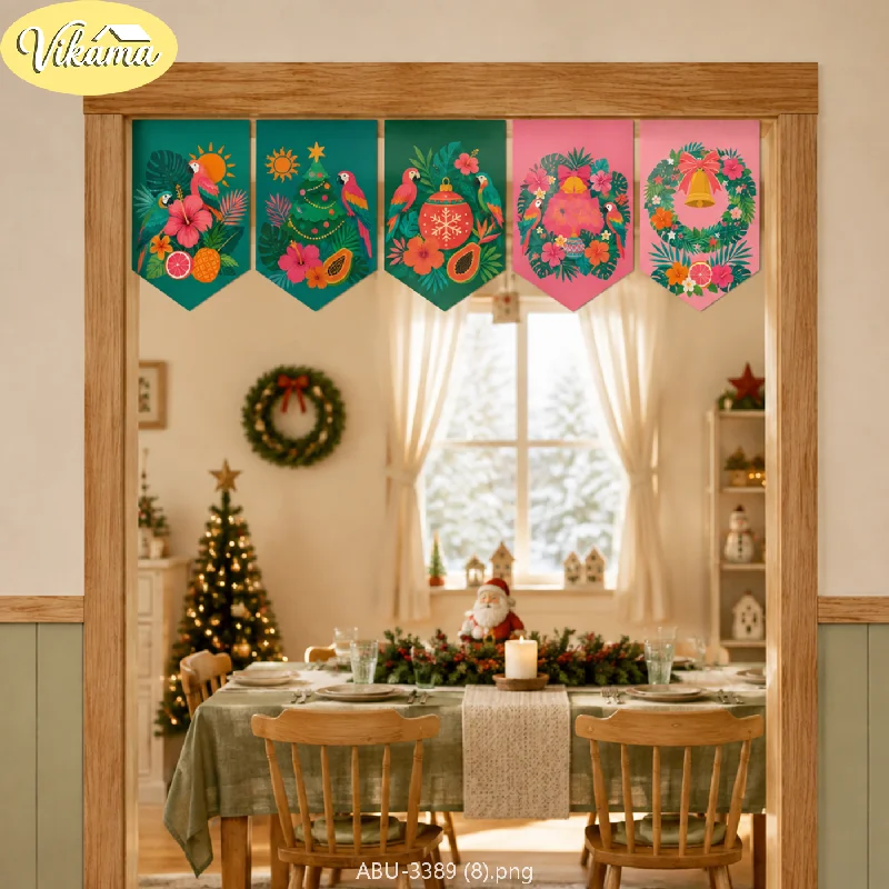 VIKAMA Tropical Style Christmas Triangle Banners Parrot Flower Christmas Tree Triangle Banner Curtain Door Frame Home Decor