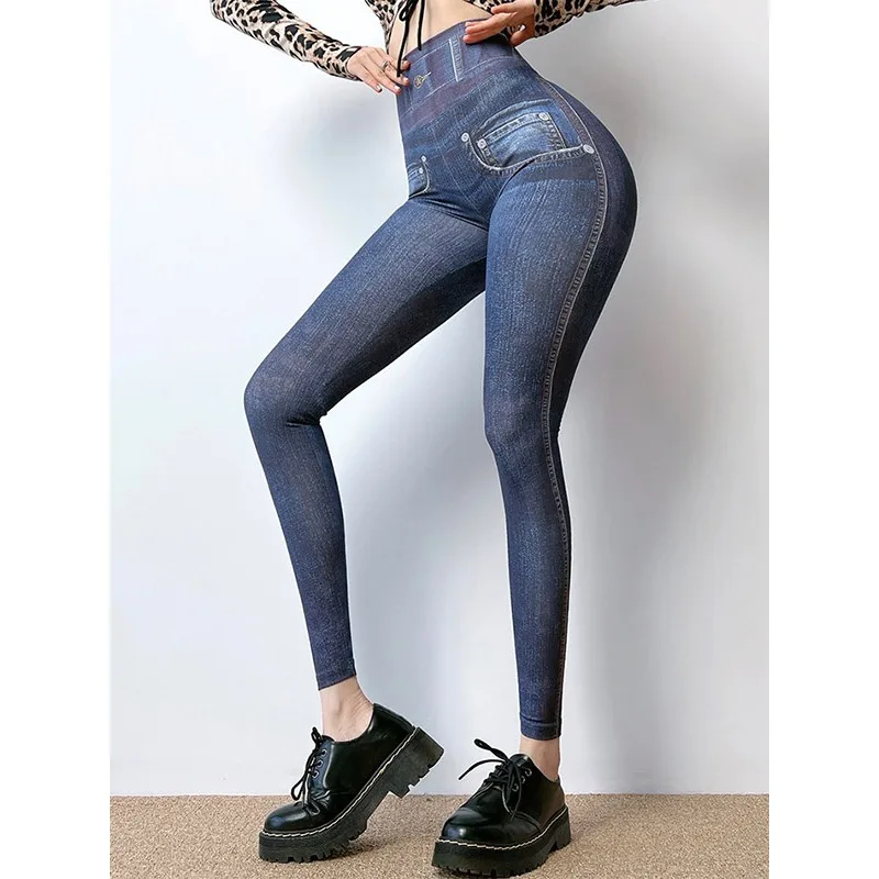Krisnanas Denim Printed Yoga Pants for Woman 2025 High Waist Training Workout Gym Stylish Leggings Female Trousers 96605