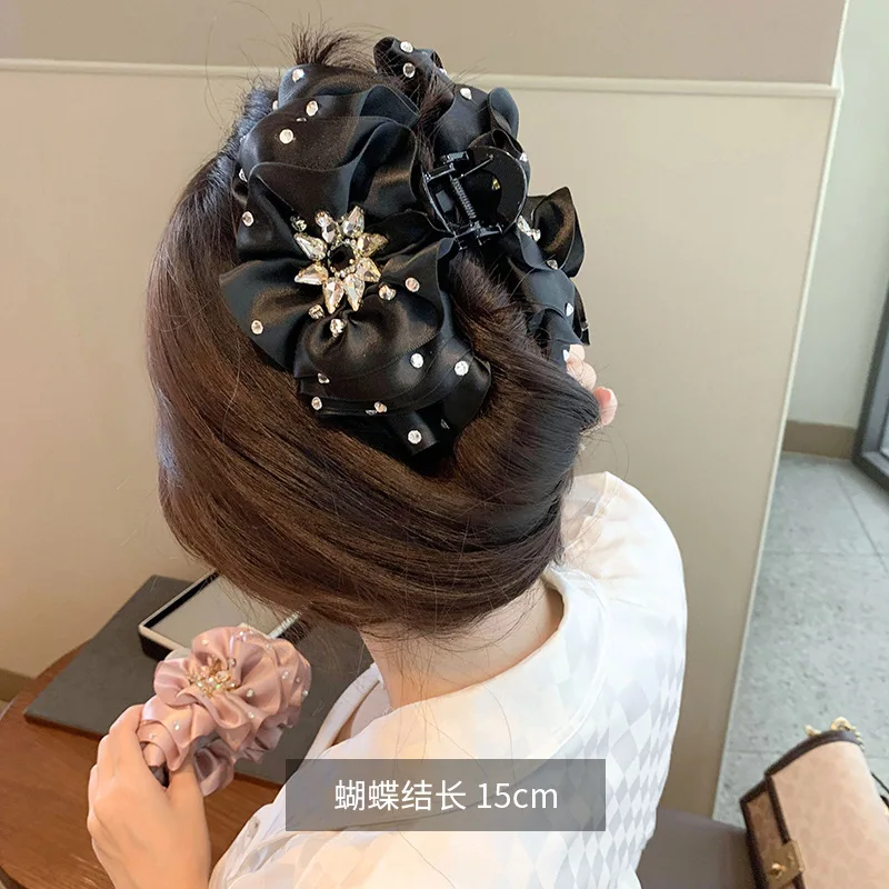 Elegant Black Satin & Pearl Hair Claw, Large Flower Jaw Clip, Durable Hair Accessory for Women, Ideal for Bridal, Party & Daily