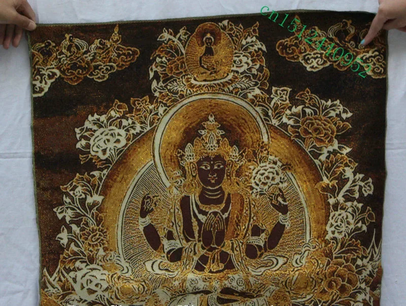 36 inch chinese Tibet Buddhism Silk embroidery 4 arms Chenrezig Buddha Thangka Painting Mural-41651