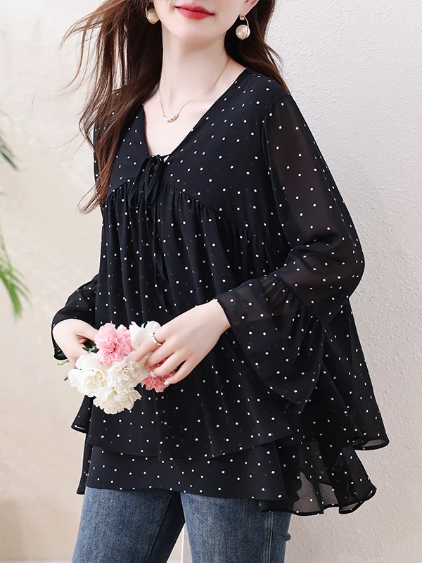 

Summer 2026 Polka Dot Splicing Loose Chiffon Shirt Vintage Style Versatile Large Size Design Casual V Neck Top Women's Fashion