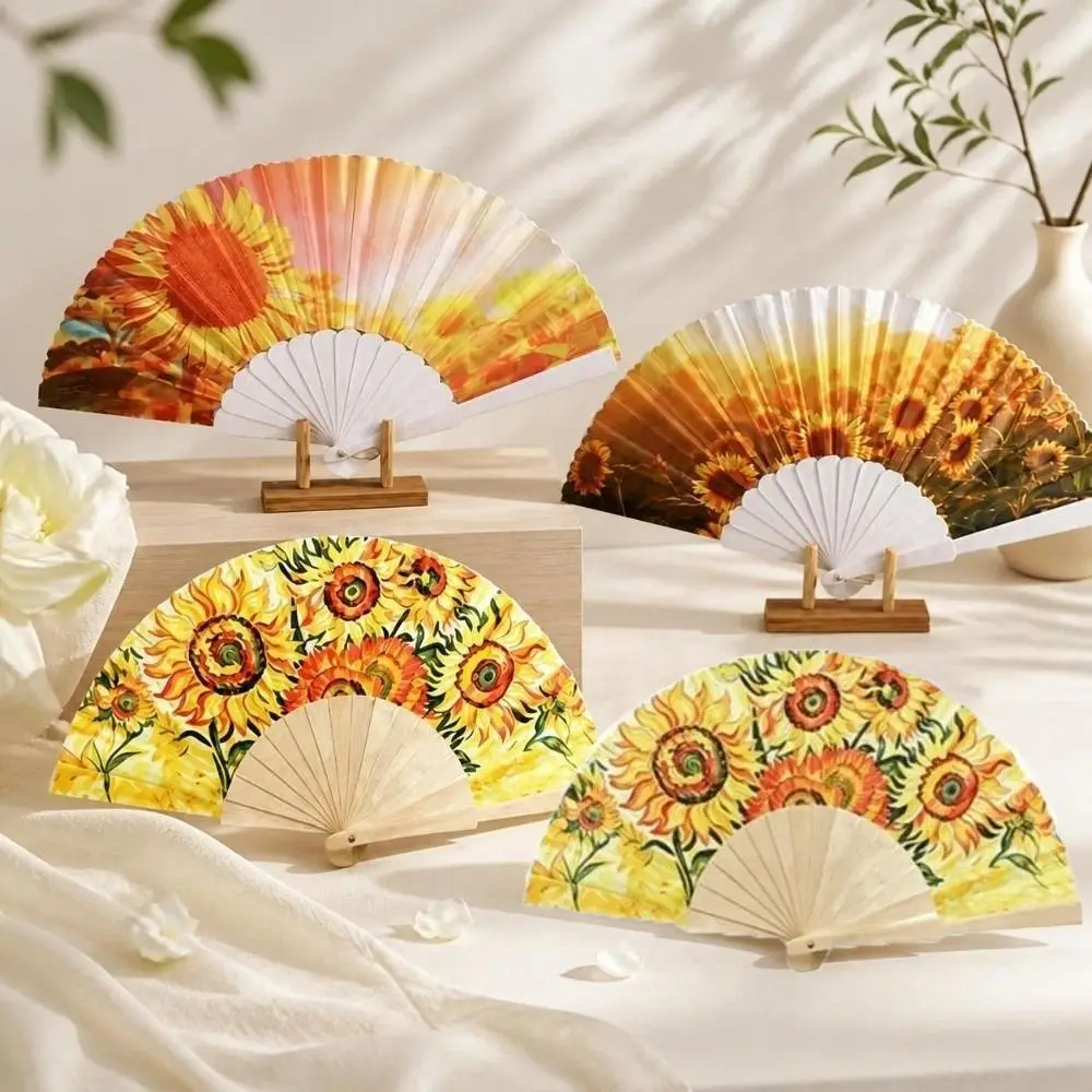 European Style Sunflower Folding Fan Collapsible Handheld Dance Fan Handwork Design Retro Decorative Fan Photography Prop