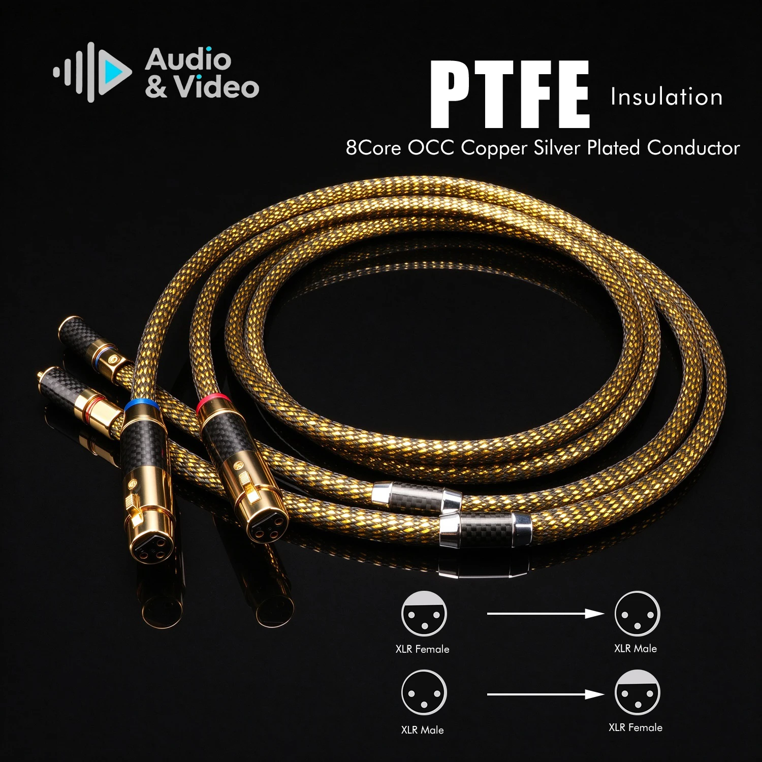 Złoty kabel XLR 8N OCC posrebrzany, pozłacany kabel audio referencyjny RCA z wtykami RCA XLR do wzmacniacza i miksera. (pair XLR Fe TO RCA)