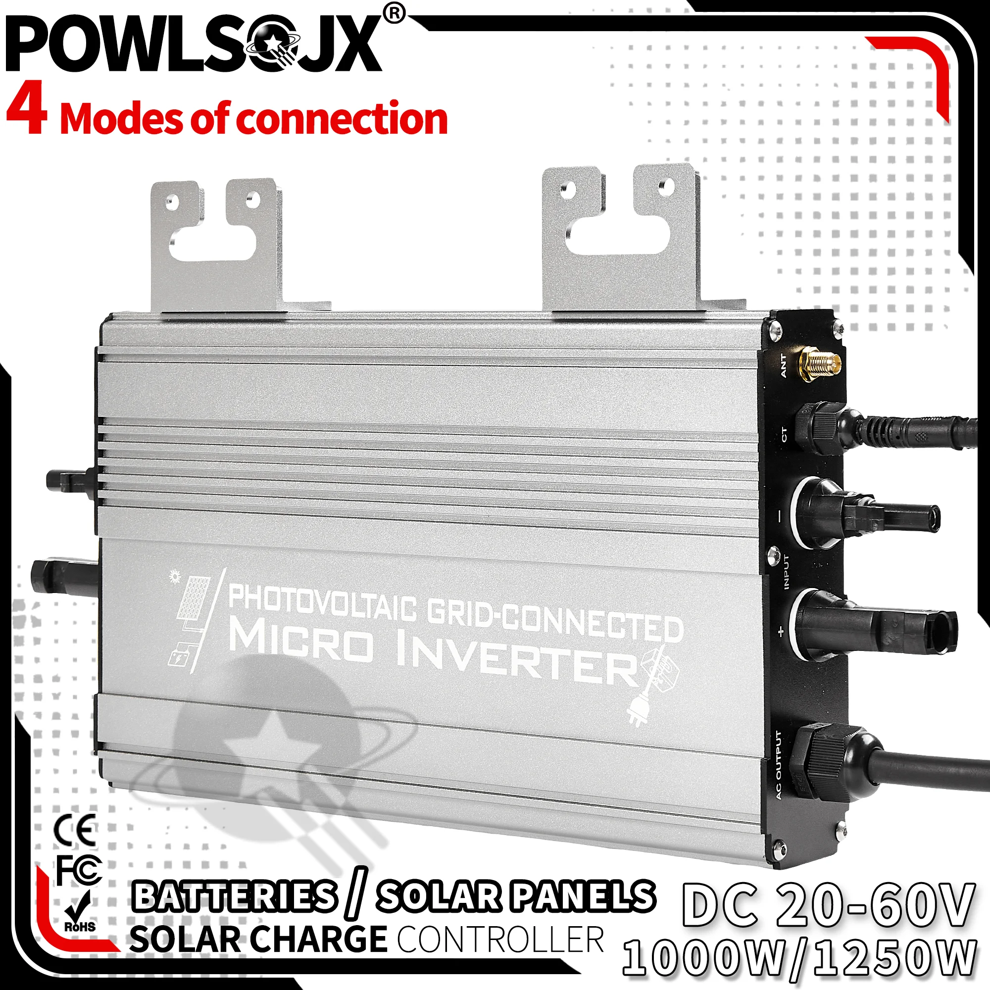 POWLSOJX Solar-Mikro-Wechselrichter 1000 W/1250 W, Dual-Eingang (PV/Batterie), 180–265 VAC, On-Grid/Zero-Export, IP65- und WLAN-Überwachung