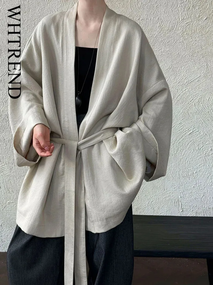 

WHTREND Women's Autumn New Solid Color Mid-Length Tie Windbreaker Loose Jacket Coat High End Trench WH1111
