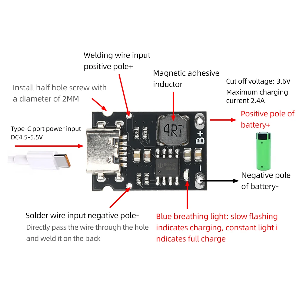 Panel de carga de batería de fosfato de hierro y litio ultrapequeño USB tipo C, módulo de cargador de alta corriente 2,4A, 3,2 V, 3,6 V, 1-10 Uds.