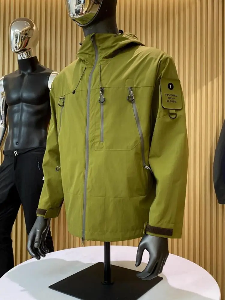 

Мужская осенняя повседневная куртка свободного кроя для активного отдыха, водонепроницаемая, из нейлонового волокна, на молнии, с капюшоном, с множеством карманов