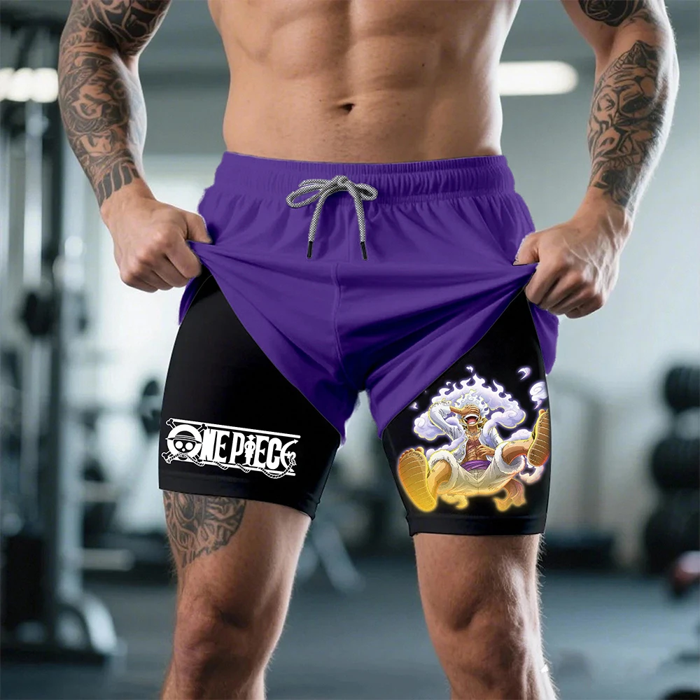 

2026 Summer ONE PIECE Men's Double-layer Shorts Monkey D. Luffy Anime Fake Two-piece Sports Fitness Running Quick-drying Shorts
