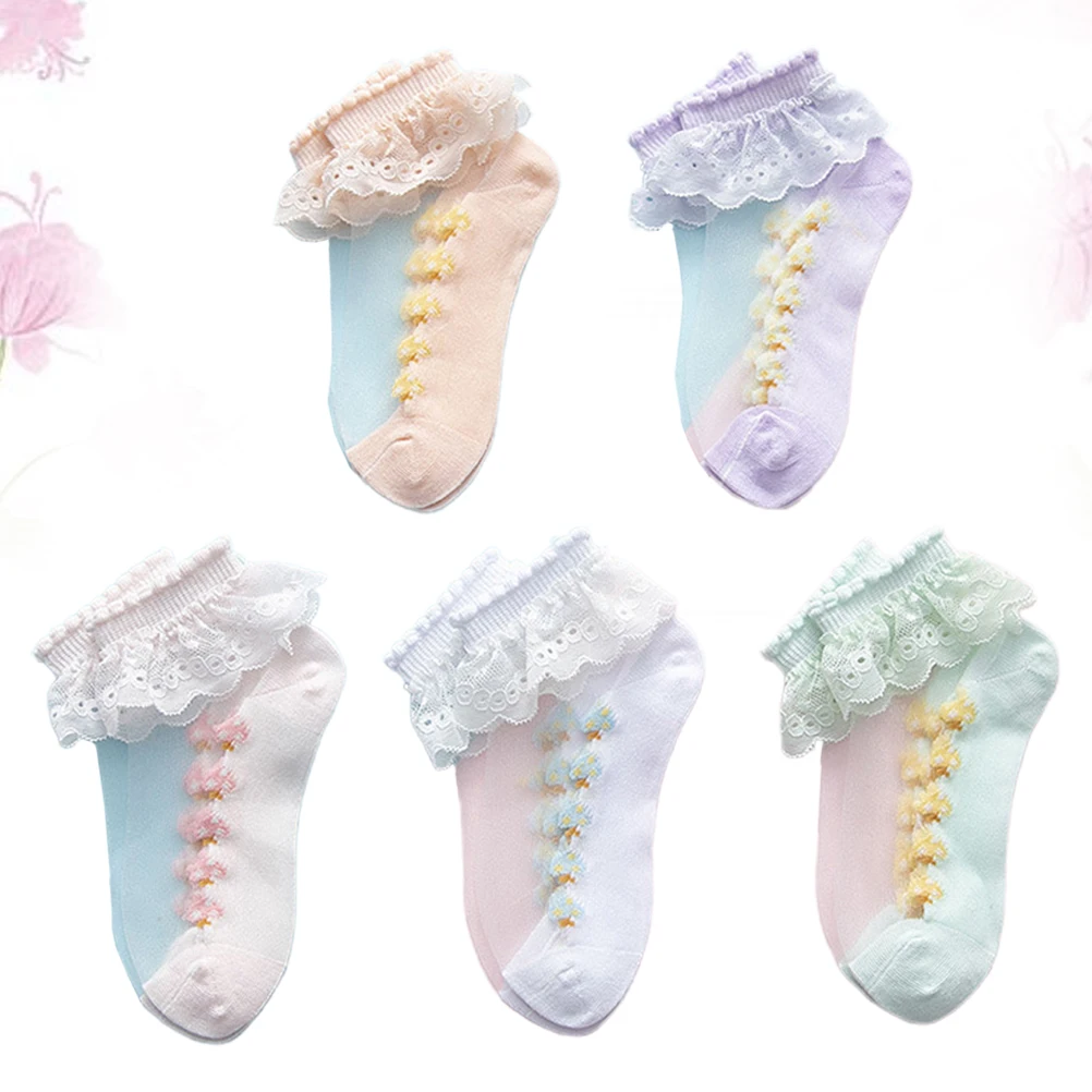 

5 Pairs Kids Thin Breathable Socks Girl Lace Princess Stockings Cute Short Child Lightweight Elastic Durable Spring Summer Ankle