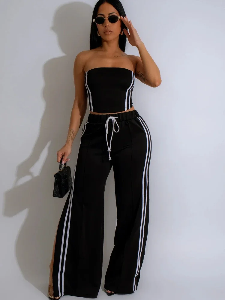 Laxsesu Fashion Women\'s Set Strapless Striped Ribbon Crop Top + Wide Leg Pants Suits Summer Streetwear Two 2 Piece Set Outfits