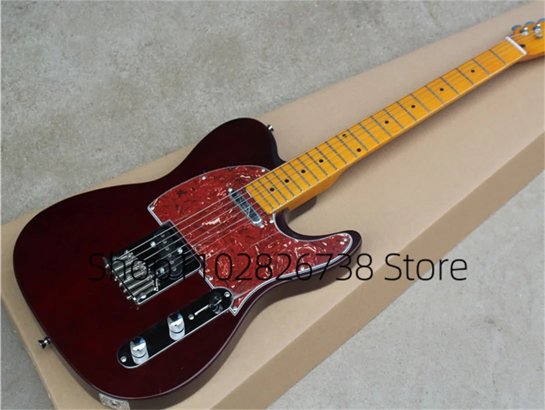 Classic Dark Red  Electric Guitar Tel Guitar Yellow Maple Neck Red Tortoise Shell Guard Fixed Bridge Factory Custom