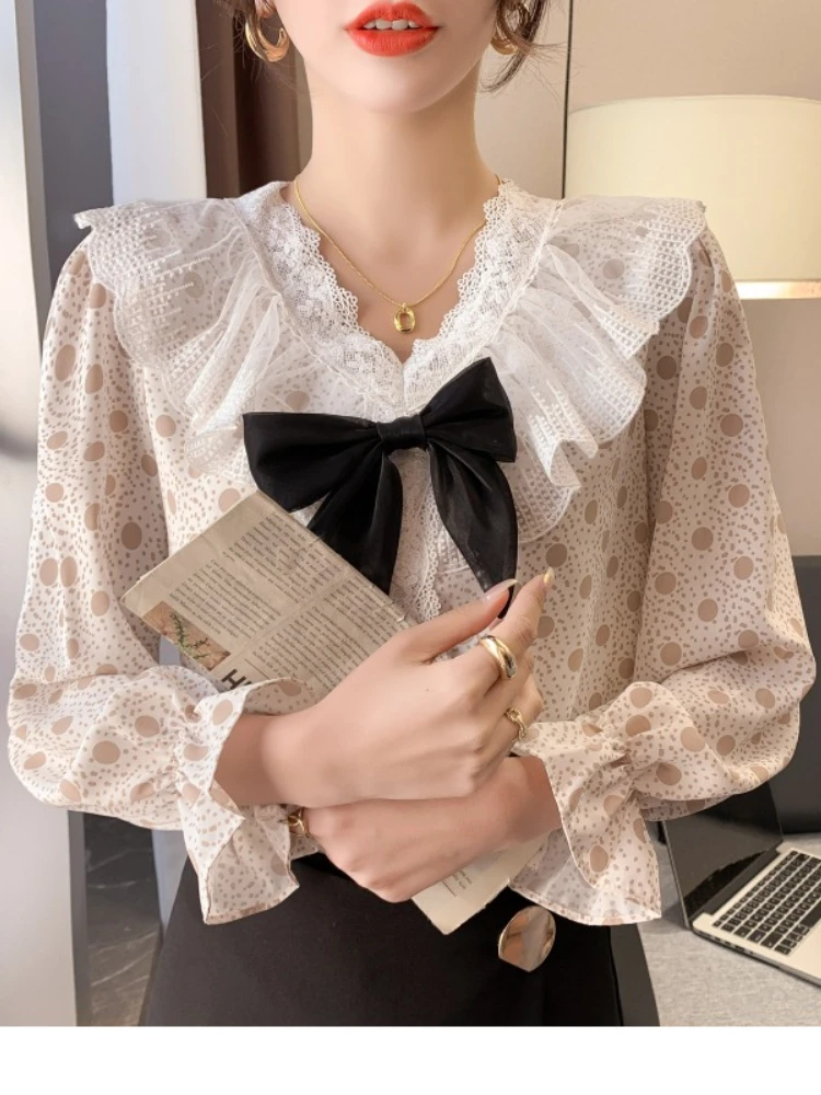 Luxury Polka Dot Blouse Women Autumn Chiffon Shirt Long Sleeve V Neck Lace Patchwork Tops Korean Chic Elegant Bow Tie Blouses