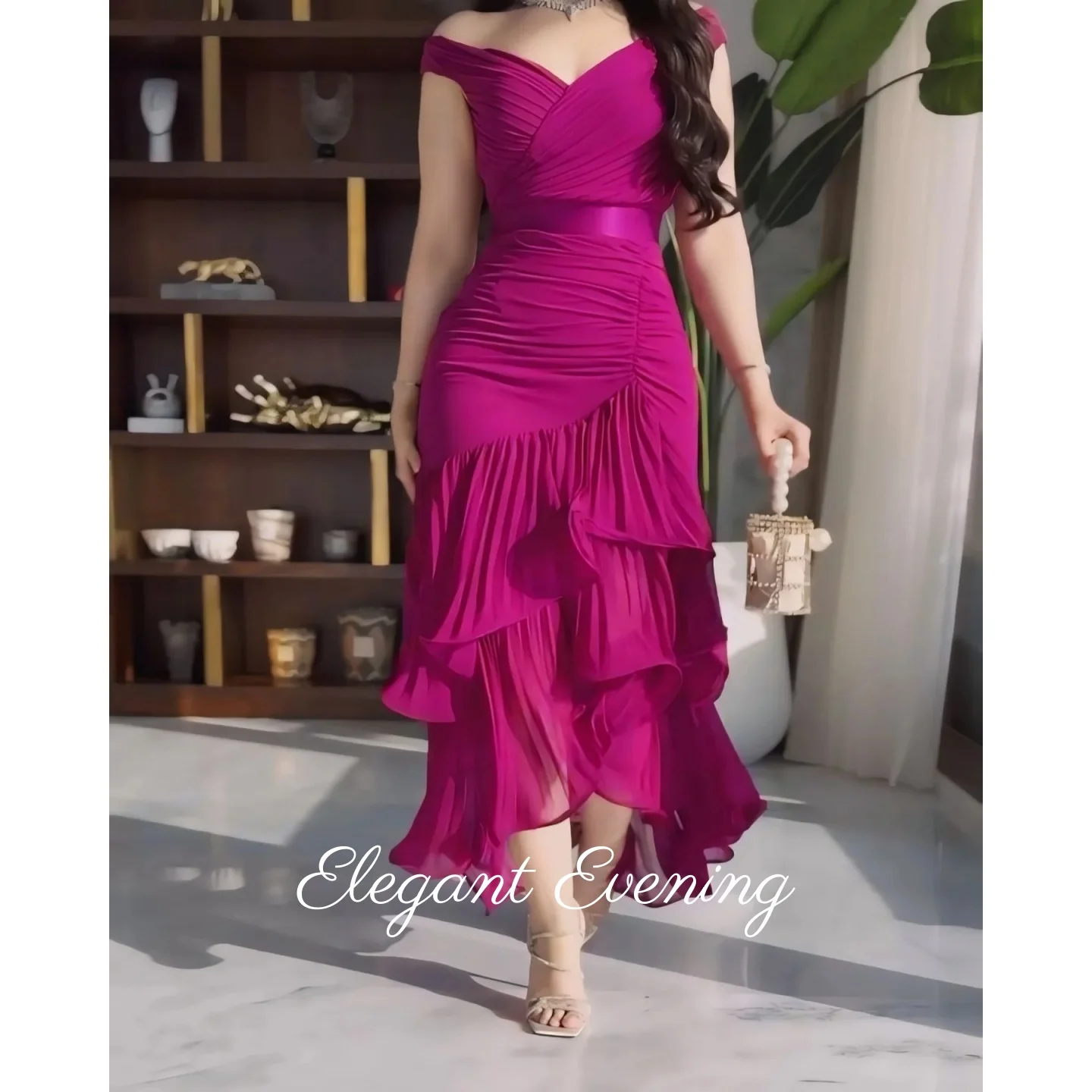 

Elegant Purple Evening Dresses Ankle Length Mermaid Prom Dress Women's Off-the-shoulder Ruffled Party Dress customized 2025
