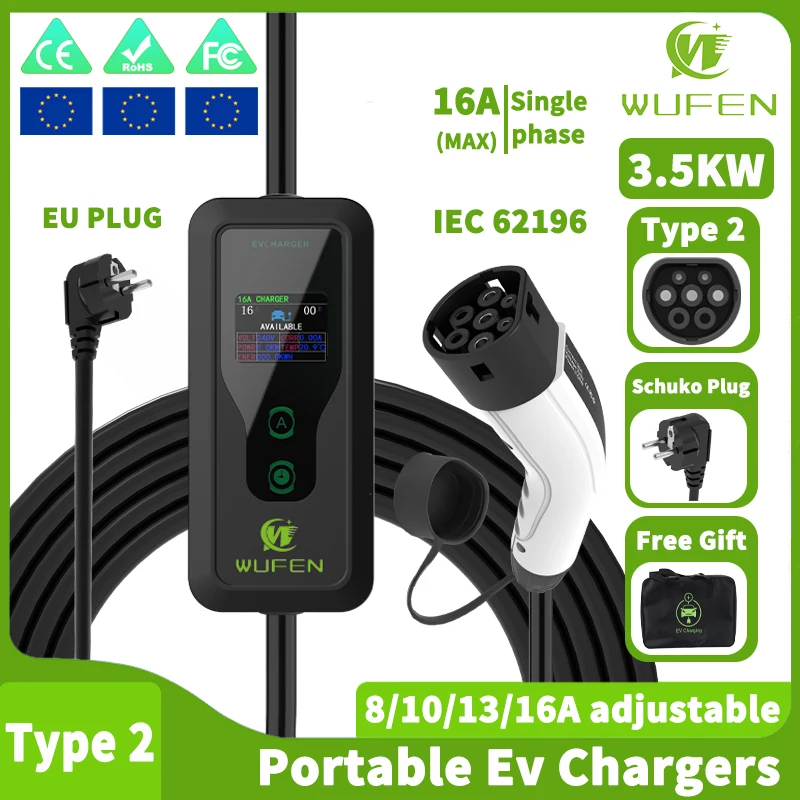 

WUFEN Portable Type 2/IEC 62196 EV Charging Pile 3.5kw EU Plug Hybrid Electric vehicle Charger 16A 1Phase EVSE Charging 5M Cable