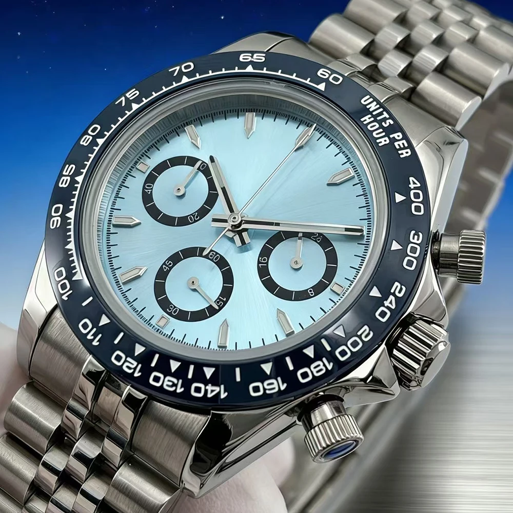 39mm men's watch with VK63 quartz movement, stopwatch function, hard ceramic bezel, panda-shaped dial, waterproof design watch